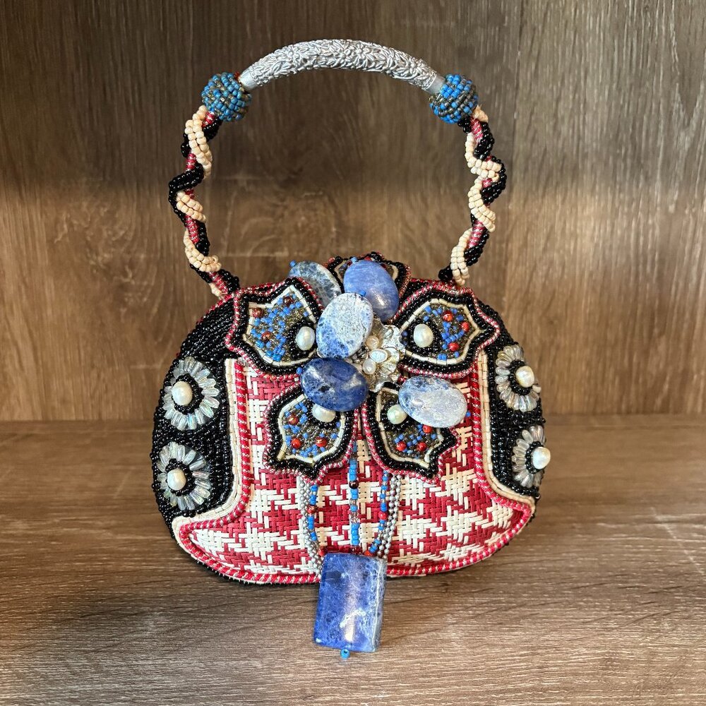 MARY FRANCES Red Check Floral Beaded Handbag NWOT